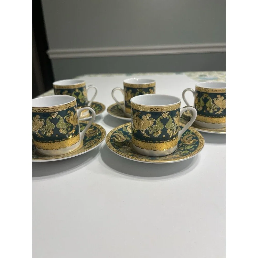 Italy Design Heavy Gold & Green Chicken Rooster Floral Demitasse Cup Saucer 10pc
